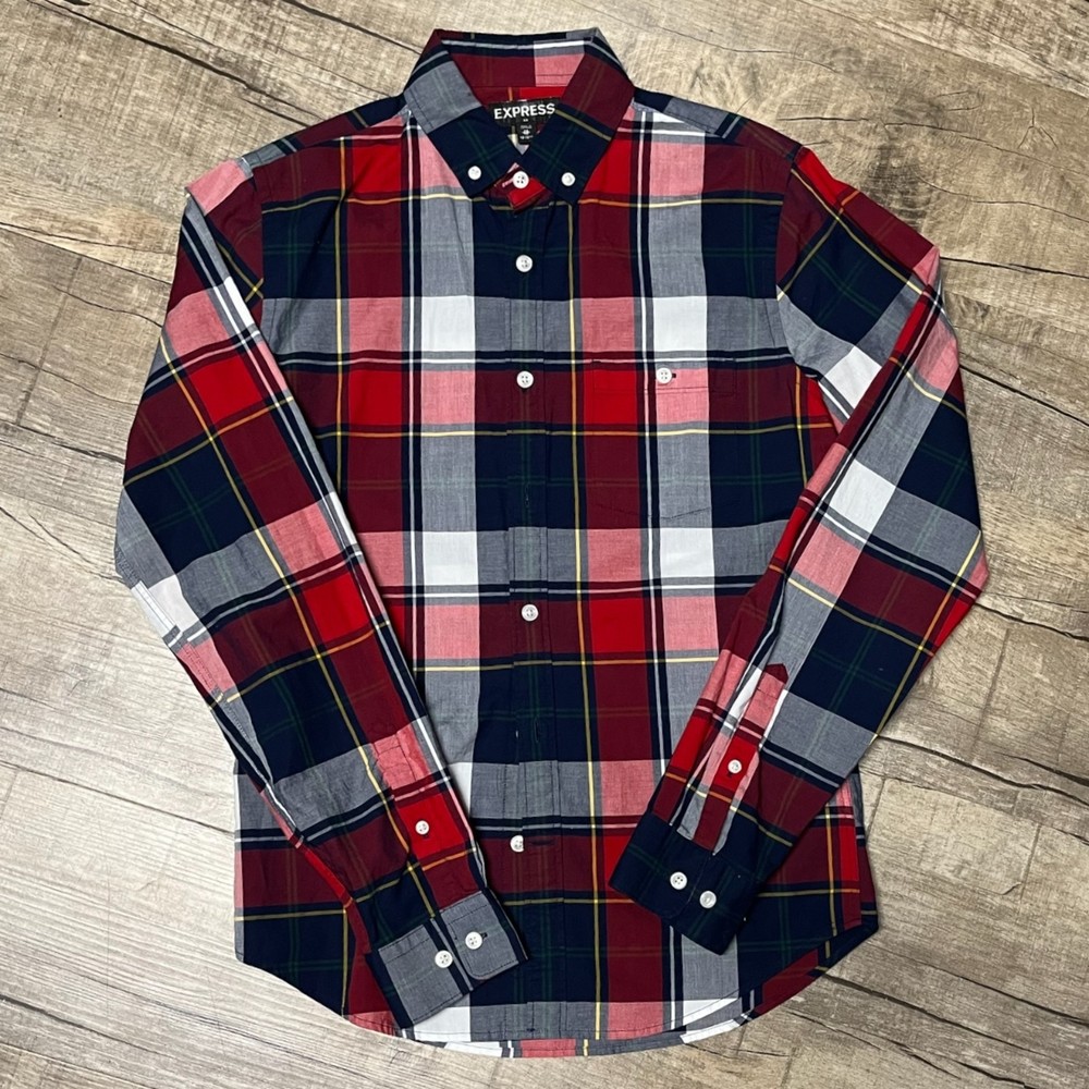 Express Shirts Boys Long Sleeve Button Up Navy Red Plaid Shirt Size Xs 13-13.5